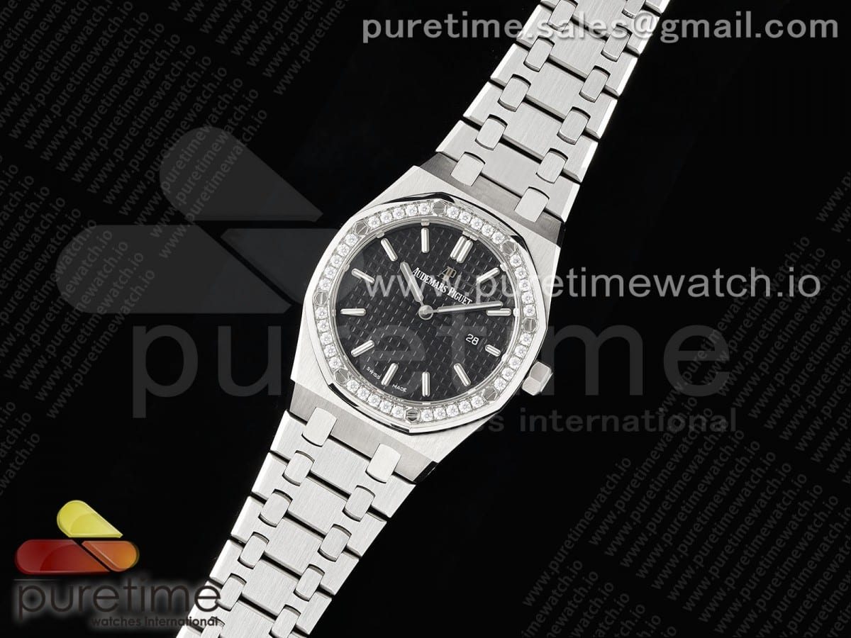 Lady Royal Oak 33mm SS Diamonds Bezel JJF 1:1 Best Edition Black Dial on SS Bracelet ETA Quartz