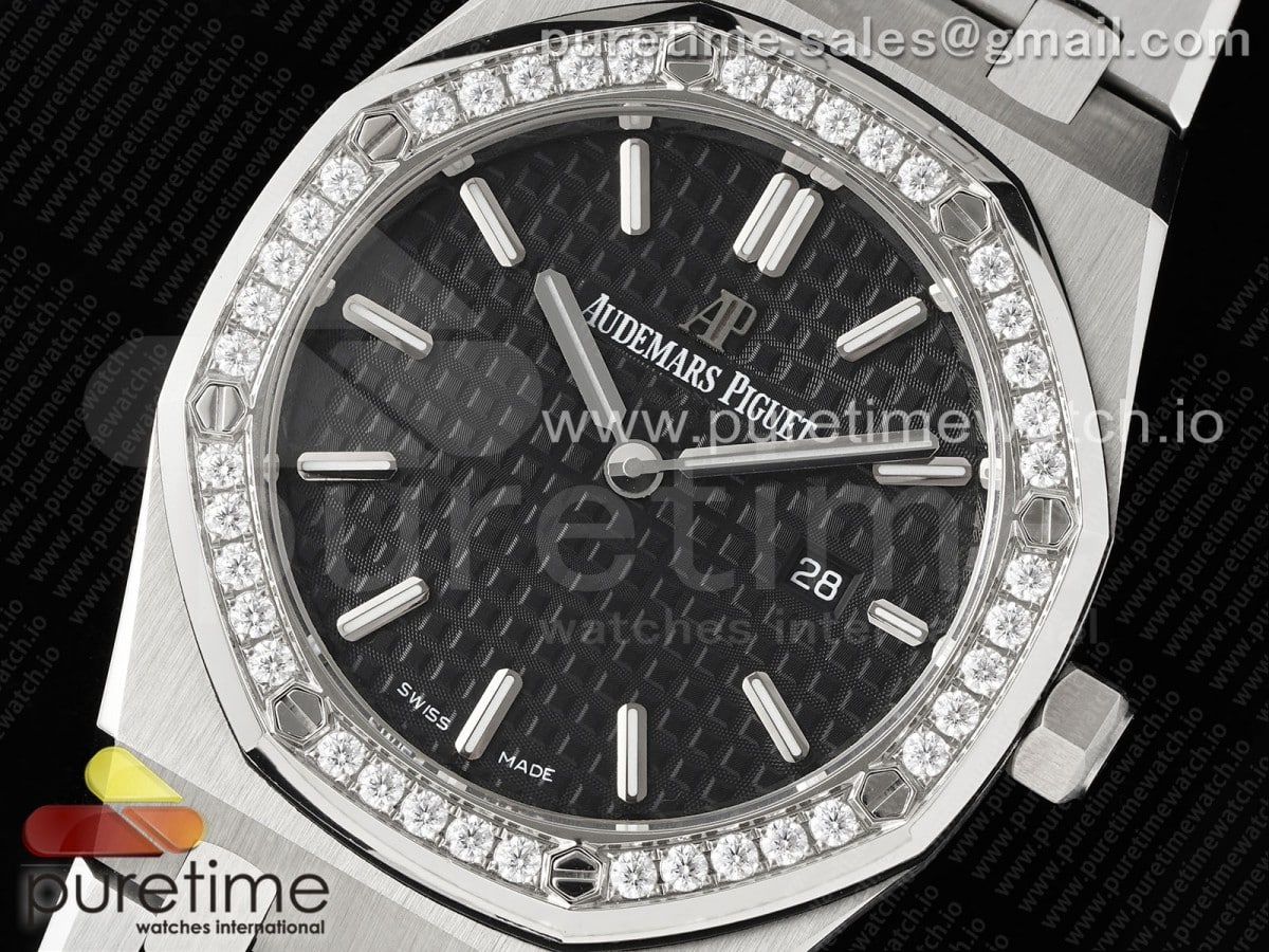 Lady Royal Oak 33mm SS Diamonds Bezel JJF 1:1 Best Edition Black Dial on SS Bracelet ETA Quartz - Image 2