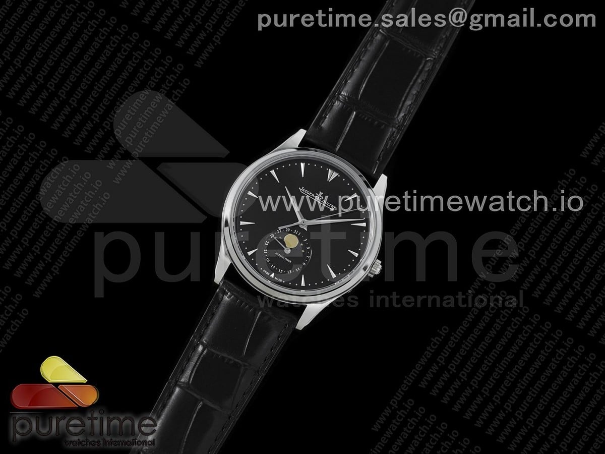 Master Ultra Thin Moon 1368470 SS GF 1:1 Best Edition Black Dial on Black Leather Strap A925 V3