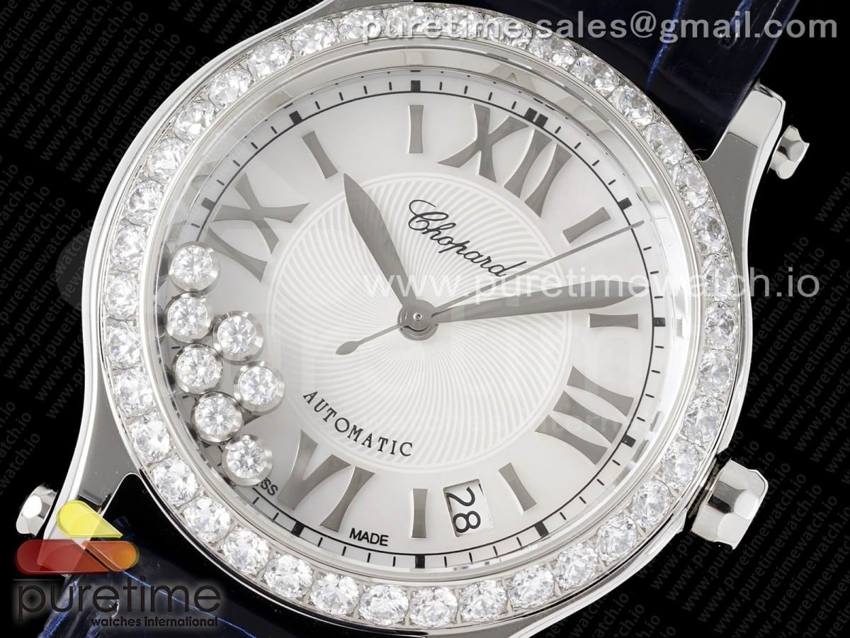 Happy Sport 36mm SS ZF 1:1 Best Edition Diamonds Bezel White Dial on Blue Leather Strap A2892 Style 1 - Image 2