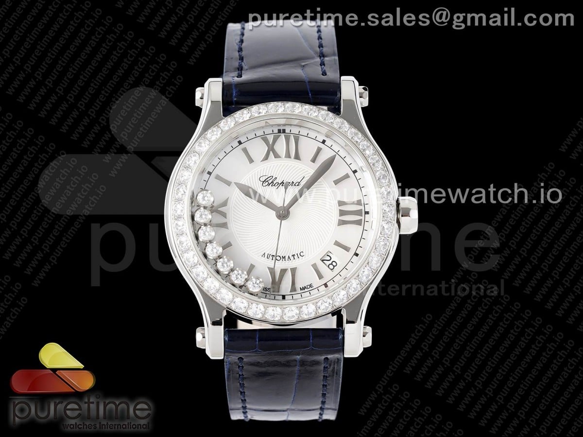 Happy Sport 36mm SS ZF 1:1 Best Edition Diamonds Bezel White Dial on Blue Leather Strap A2892 Style 1 - Image 7